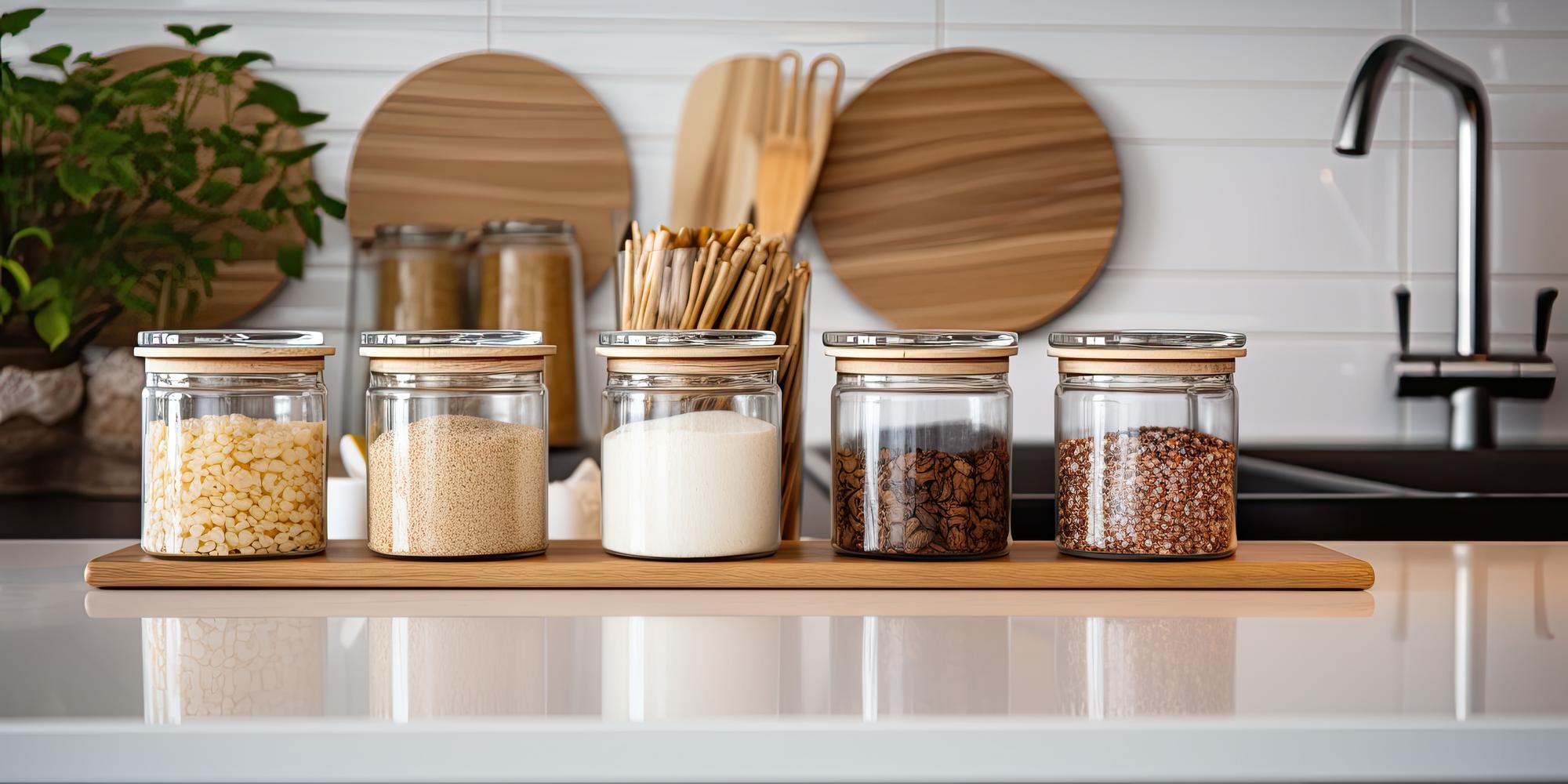 Organized kitchen counter with labeled jars and utensils