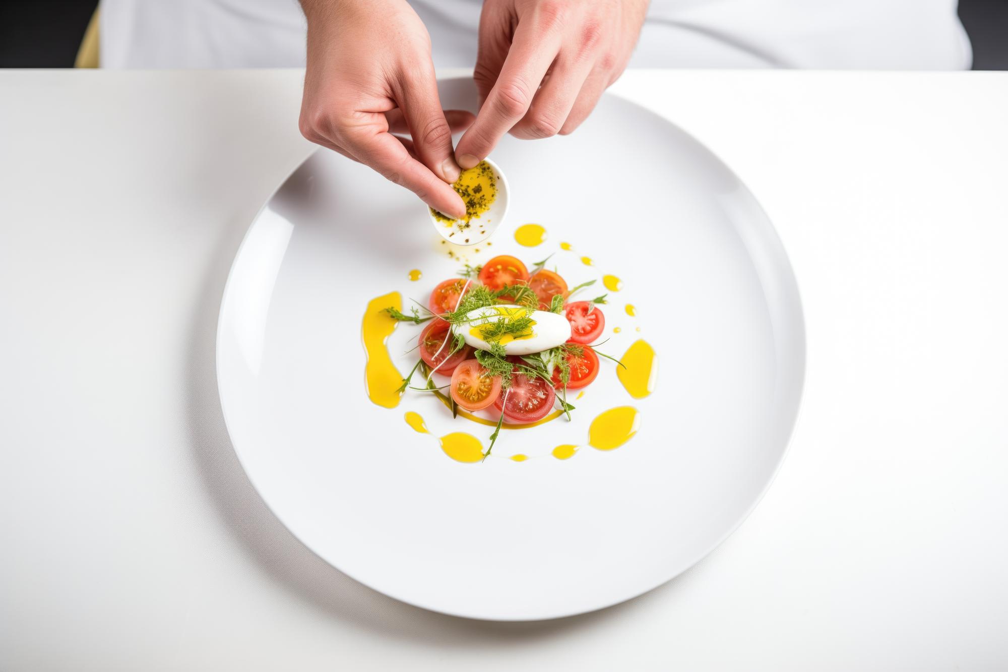 Chef arranging a plated dish in a bright studio kitchen